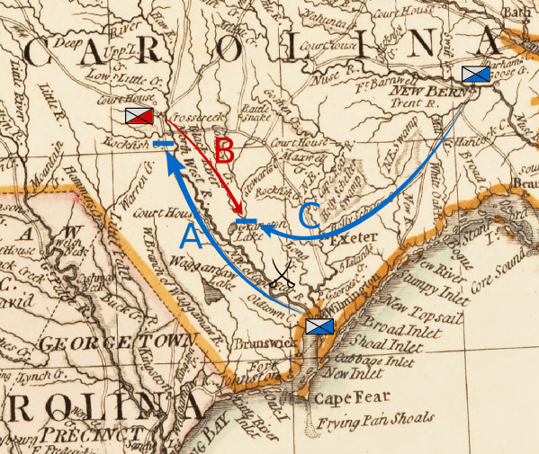 Map depicting preliminary movements: A: Moore moves from Wilmington to Rockfish Creek B: MacDonald moves to Corbett's Ferry C: Caswell moves from New Bern to Corbett's Ferry.