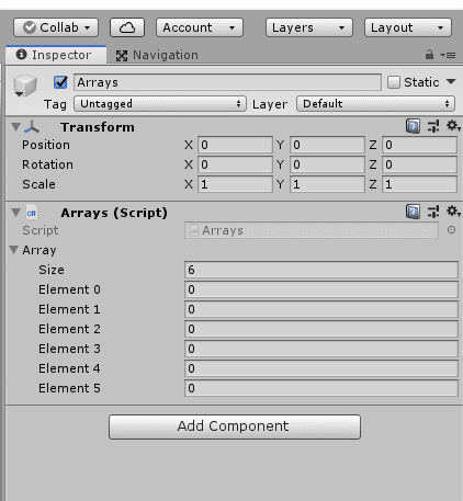 Making an array public or serialised in your code will allow you to edit in the Unity inspector.