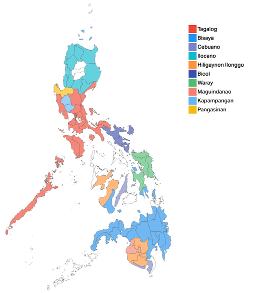 A map of the Philippines with it's most spoken languages in color code