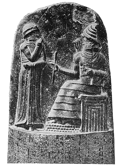 Hammurabi (standing) receiving his royal insignia. He's holding his hand over his face as a sign of prayer.