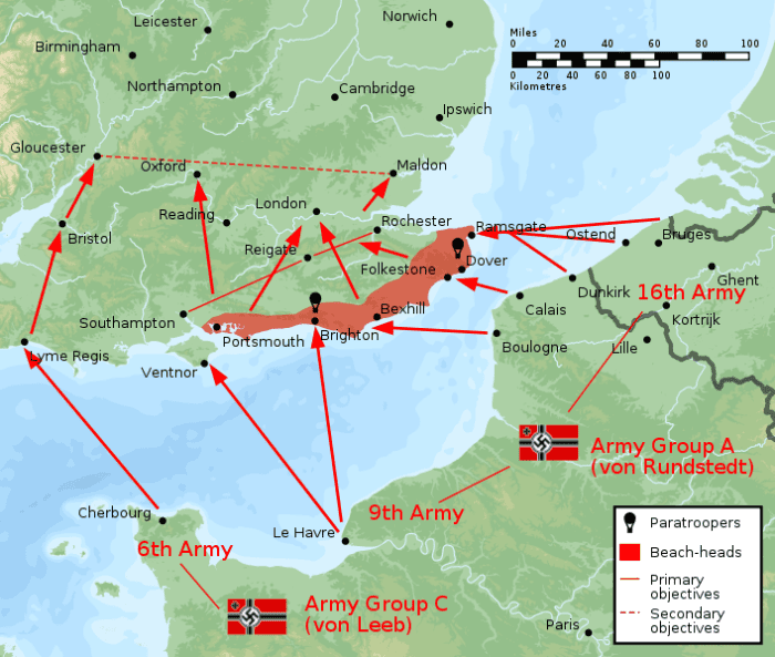 The German invasion plan shows that their primary objective was securing the Kent and Hampshire coast before striking north towards London.