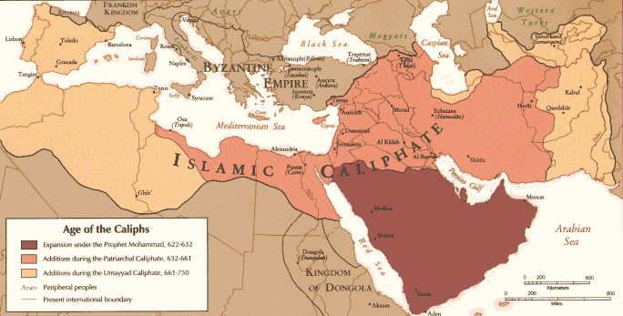 A map showing the extent of the Islamic Caliphate Empire circa 720 AD.