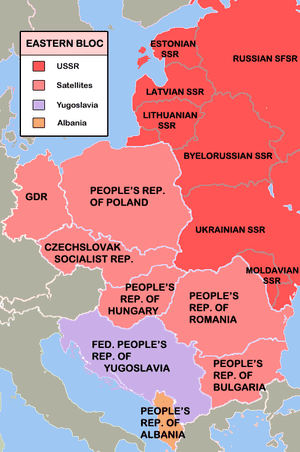 The Eastern Bloc of 'buffer states'. Yugoslavia was an independent communist nation and as such not under Soviet control.