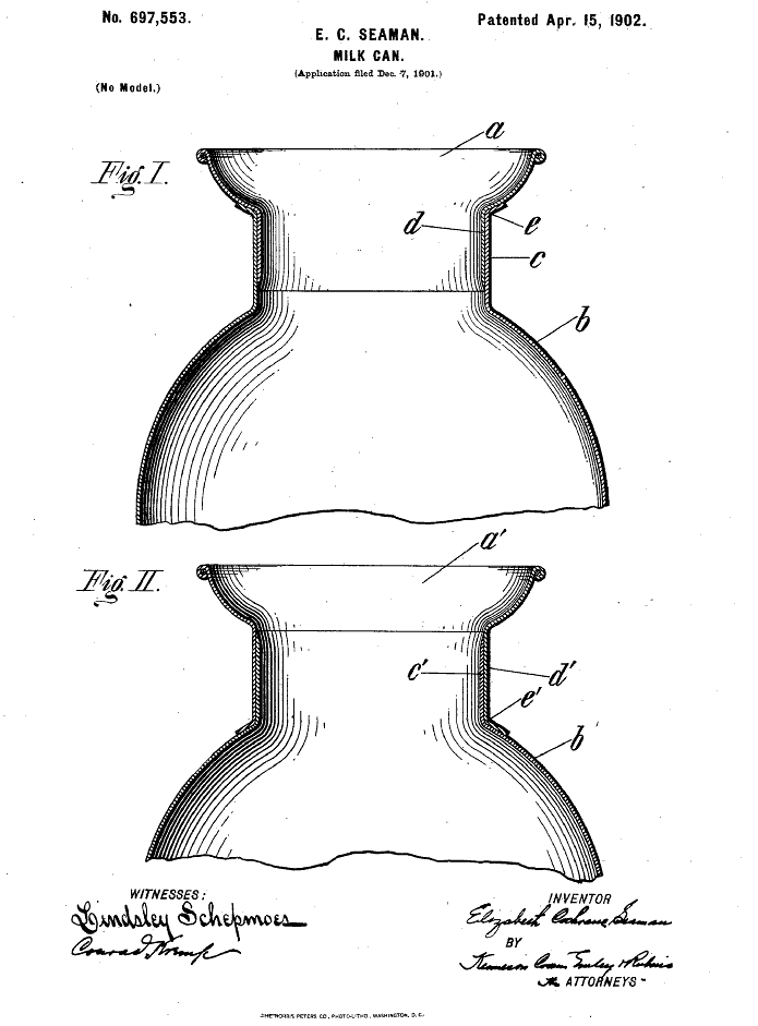 While in the steel business Nellie Bly was granted a patent under the name E.C. Seaman for an improved milk churn.