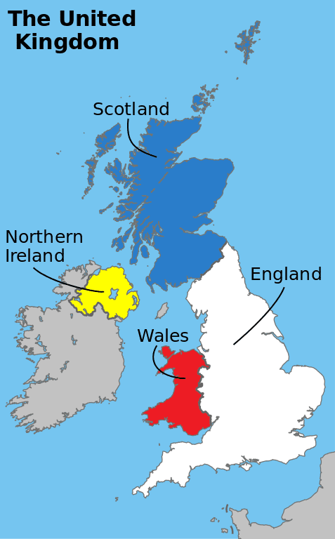 The coloured areas represent the United Kingdom. The grey area to the south of Northern Ireland is the Republic of Ireland.