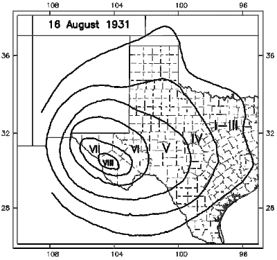 Felt area and Modified Mercalli Intensities experienced from the magnitude 6.0 Valentine, Texas, earthquake of 16 August, 1931.