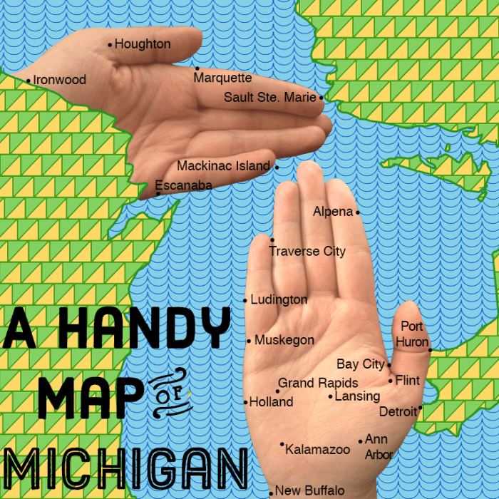 A "handy" map of Michigan I use this map to show folks that I live in New Buffalo (the wristy region.)