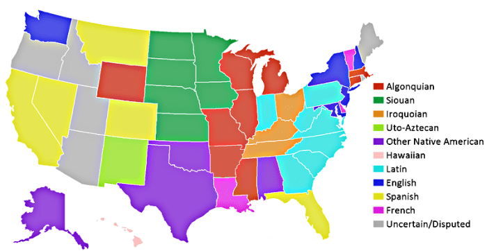 On this map, it should be made clear that the emphasis is on 'language' rather than 'nationhood'. For example, the light blue represents Latino based names, but most of these in fact are merely Latinised versions of English names.