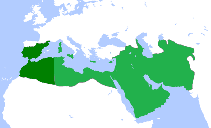 This map shows the maximum extent of the Abbāsid Caliphate c. 850—the territories in dark green were lost early.
