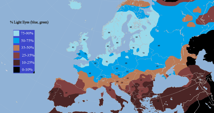 A map showing the density of light-eyed people in Western Europe. Melanoma risk increases for those who produce less eumelanin.