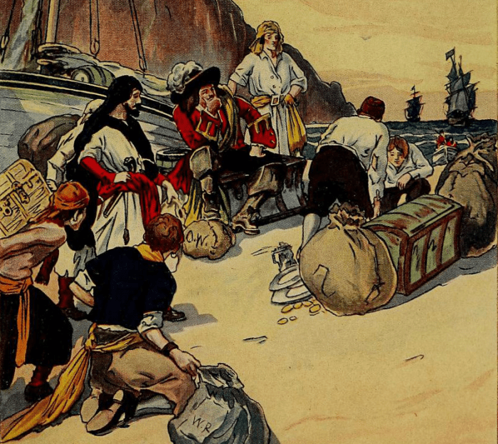 Henry Morgan, a buccaneer who was not a pirate, but a privateer in the employ of England, divides plundered treasure among his crew.