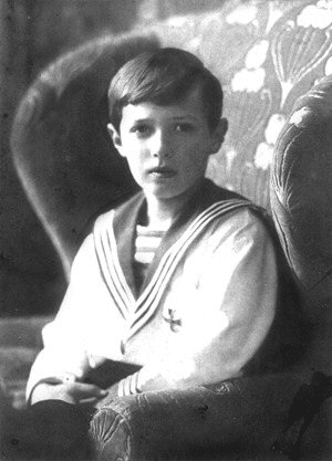 Alexei Nikolaevich, son of Nicholas II, the last Tsar of Russia. He was a hemophiliac, a trait that came from his great-grandmother, England's Queen Victoria.