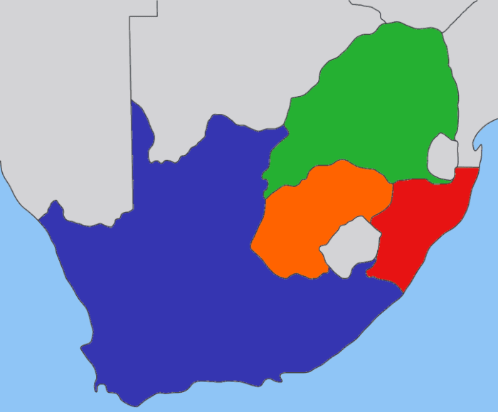 Green area= South African Republic/Transvaal, Orange area= Orange Free State, Blue area= British Cape Colony, Red area= Natal.
