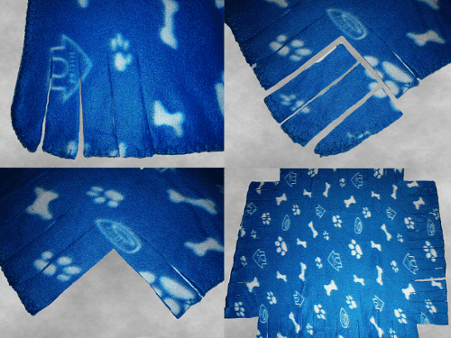 Cut the strips and remove the corners, and you'll end up with a fringed piece of fleece with cut-out corners.