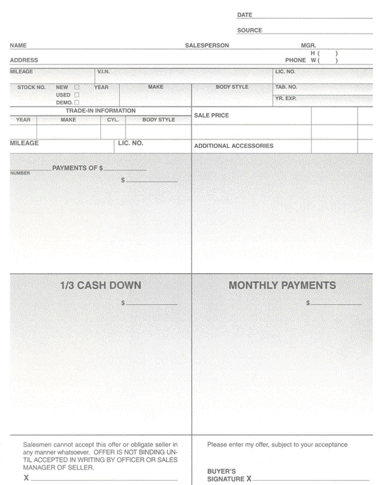 A four square worksheet is always set up this way: customer information at the top, four squares below for financing.