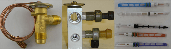The Thermo Expansion Valve (TXV) and the H-Block are both variable refrigerant control valves to maintain the Evaporator temperature. The Fixed Orifice Tube comes in a variety of orifice sizes and uses a cycling or variable Compressor.
