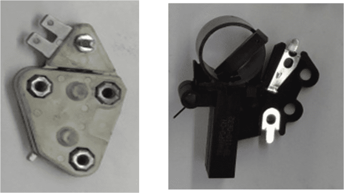The voltage regulator controls the power through the stator. The brush holder retains the spring loaded brushes against the rotor slip rings.