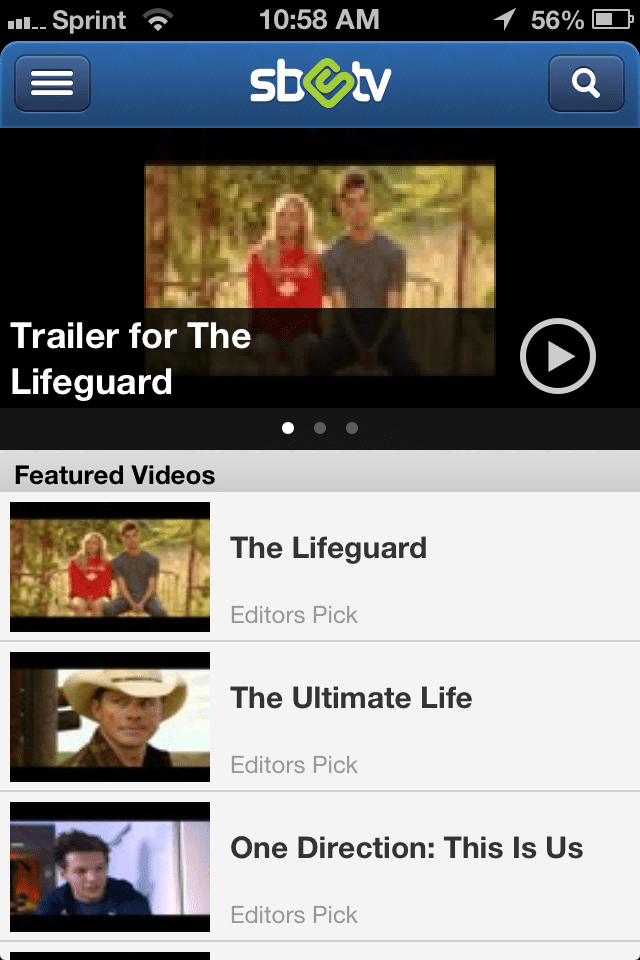 The movie trailers section in the Swagbucks TV Mobile app for iOS