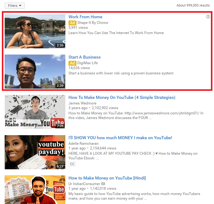 YouTube allows you to pay for "promoted video" slots that appear at the top of search results for people who fit your criteria.