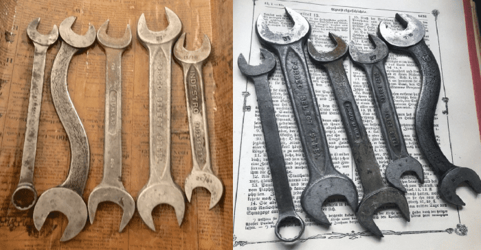 Two completely different looks at the same set of wrenches. One is taken by flash and artificial light (left) and the other natural light in the daytime (right).