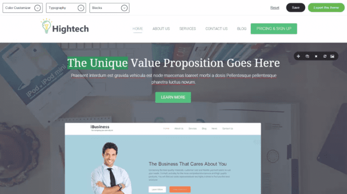 ▲ Tech Theme allows you to edit content directly on the page - skip the admin console completely and get things done faster than ever.