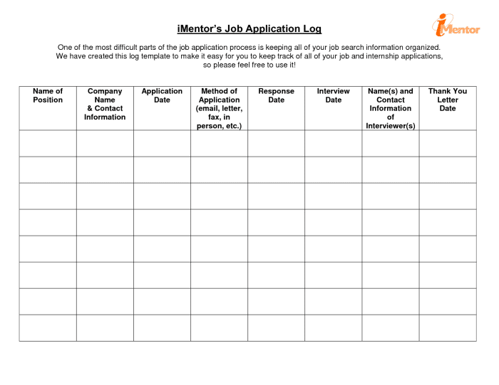 iMentor's Job Application Log. This job search form is simpler, but may not include all the information you would like easily available when actually conducting a job search.