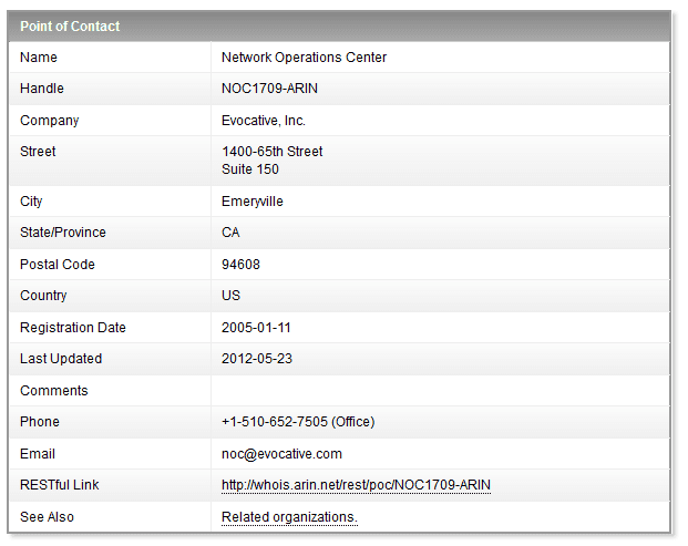 Screenshot of the third page of the Arin search. An email for the host of HubPages is found, along with other information.
