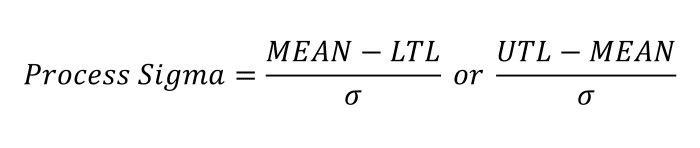 The equations above are used to find process sigma. The lowest of the two outcomes will be called process sigma.