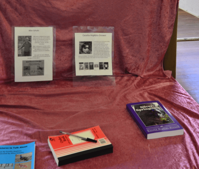 My book, "Silver Springtime" (here on show at Port Broughton Art Exhibition) features an original photograph by Allan Schultz, and formatting by the author.