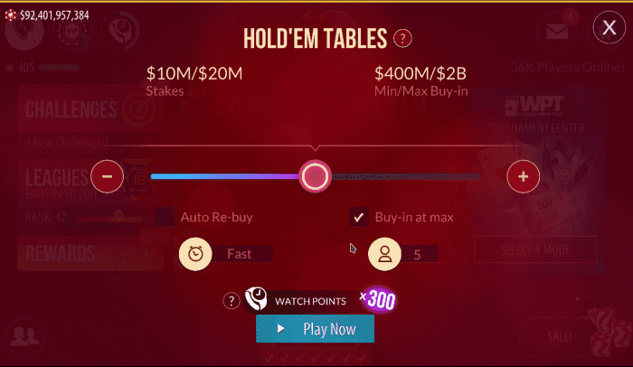 This is the stakes selection screen. I can change stakes, table speed, and table size.