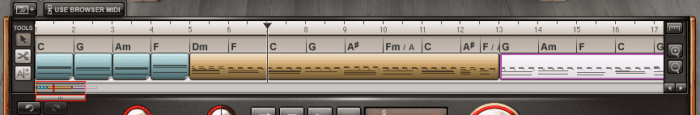 The built-in MIDI sequencer arranges patterns in blocks, and allows users to splice and rearrange patterns to their hearts content