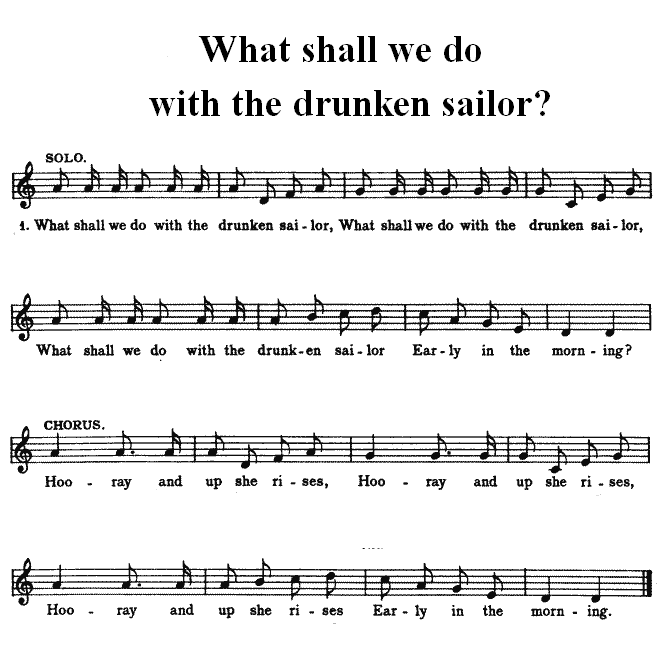 A simple musical score for What Shall We Do With the Drunken Sailor?