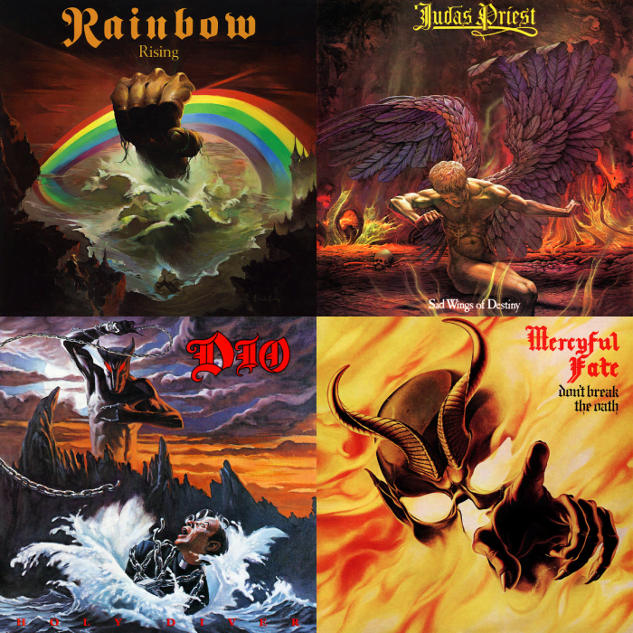 Clockwise from top-left: Rising by Rainbow (1976); Sad Wings of Destiny by Judas Priest (1976); Don't Break the Oath by Mercyful Fate (1984); and Holy Diver by Dio (1983).