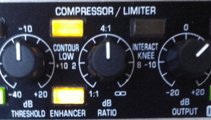The compressor / limiter area. In this particular setup, the threshold is set to -10dB, the dB ration to 4:1 and the dB OUTPUT to about +5dB. The countour low and enhancer switches are on, while the interactive knee is off.
