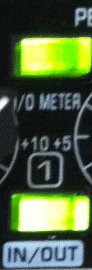 The I/O meter switch is on, meaning the the INPUT/OUTPUT level shows the output level. The IN/OUT switch is on, meaning the dynamics processor is enabled for this channel (not by-passed).
