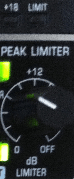 The peak limiter setting is set to a little below +12dB. The LIMIT led is not lit meaning the peak limiter is not applied to the current output signal (signal level is below the set threshold).