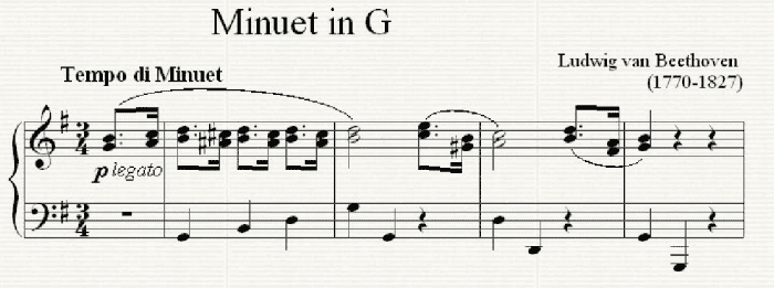 The opening of Beethoven's well-known Minuet in G, which uses the complete Minuet and Trio form