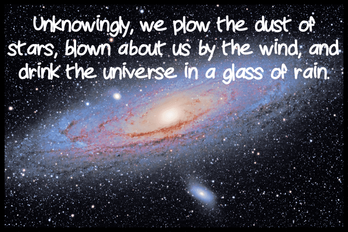 "Unknowingly, we plow the dust of stars, blown about us by the wind, and drink the universe in a glass of rain." - Ihab Hassan, Arab American writer