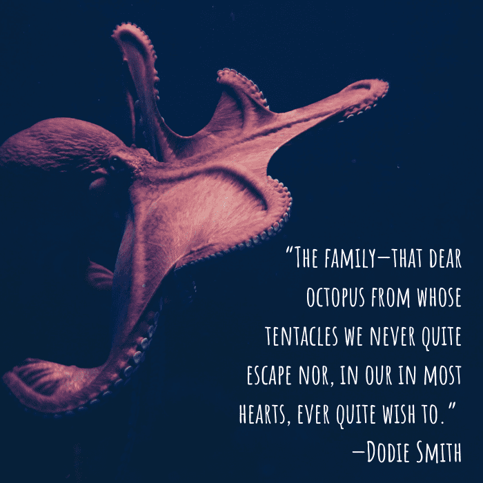 “The family—that dear octopus from whose tentacles we never quite escape nor, in our inmost hearts, ever quite wish to.” —Dodie Smith