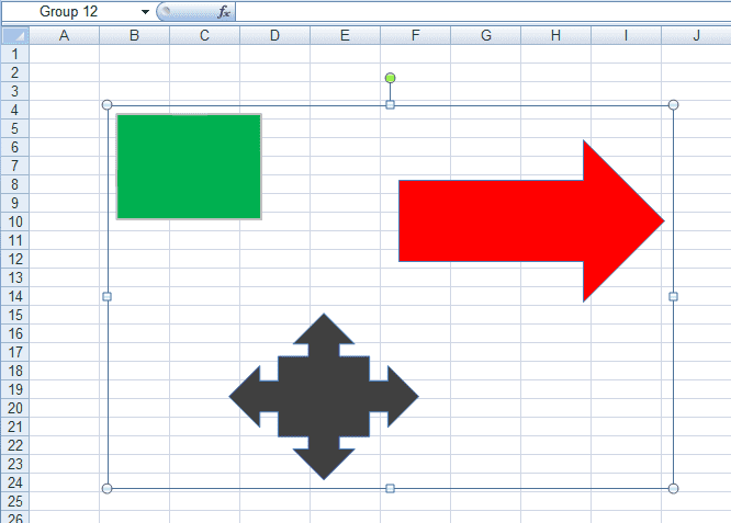 Figure 7: Shapes added to a group called Group 12 in Excel 2007 and Excel 2010.