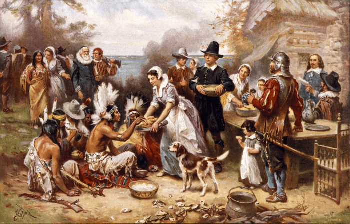 Some accounts of the first Thanksgiving celebration in Plymouth, MA describe a collaborative feast enjoyed by both European pilgrims and Indigenous Americans.