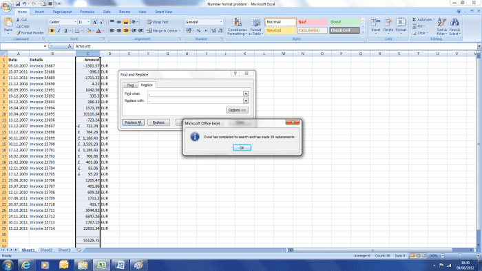 Once we have run the find and replace function we now have a . as a decimal seperator which is recognised by excel.