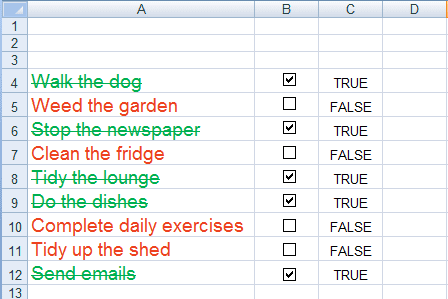 Using Conditional formatting to increase the visual impact of a To Do list in Excel 2007 or Excel 2010.