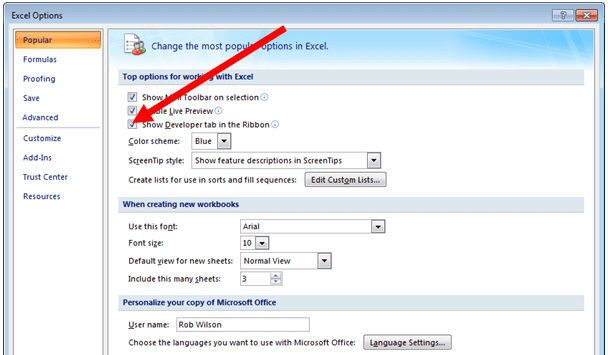 Enabling the Developer tab in Excel 2007.