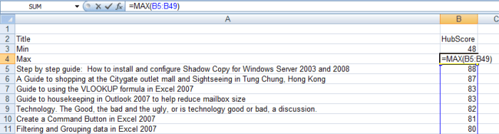 Correct syntax for the MAX function in Excel 2007.