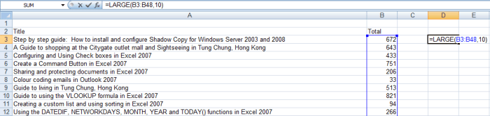 Example of the syntax of the LARGE function in Excel 2007.