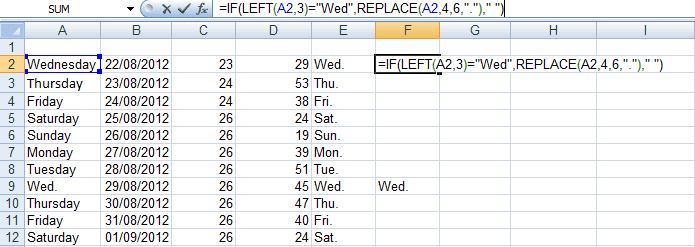 Illustration of a formula using IF, LEFT and REPLACE in Excel 2007 and Excel 2010.