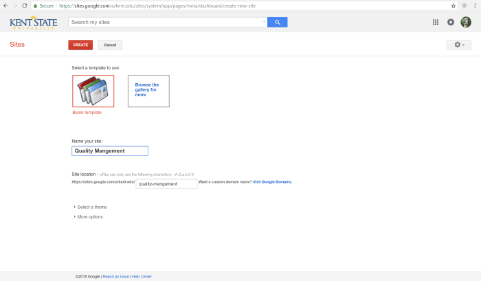 You may be able to select a template from your organization or Google. Some will find that starting a new Google site from scratch is better due to unwanted gadgets and code that may come with a template.