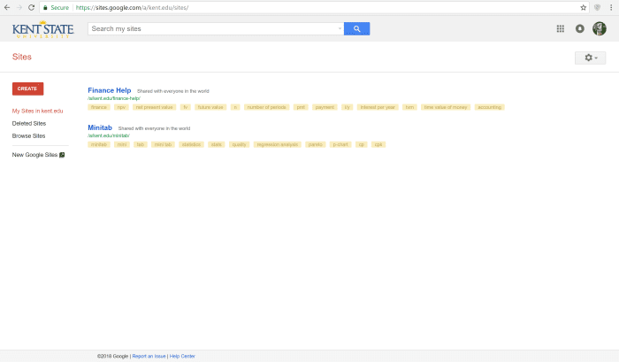 This is what your Google site dashboard looks like. Within this dashboard, you have access to all of your created websites, user settings, and the option to start a new site.