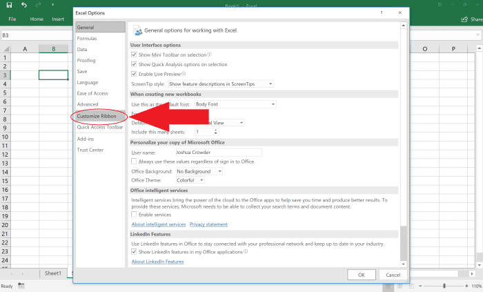 The customize ribbon area of Excel allows you to arrange the ribbon to make navigating Excel easier. You can hide or unhide tabs depending on how you want the ribbon to be displayed.